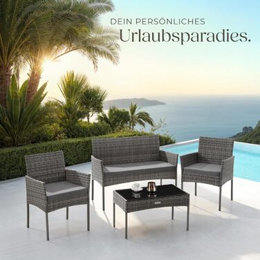 Набір садово-розкладних меблів tectake® з ротангу: банкетка, 2 крісла, столик, подушки, для балкона/тераси (сірий)