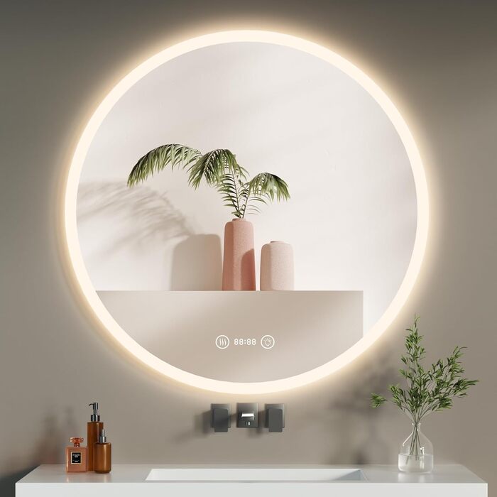 Дзеркало для ванної кімнати YOLEO з підсвічуванням 70см, LED дзеркало з Bluetooth, сенсорне управління, захисне скло, 3 кольори світла, регулювання яскравості, 70x70 см