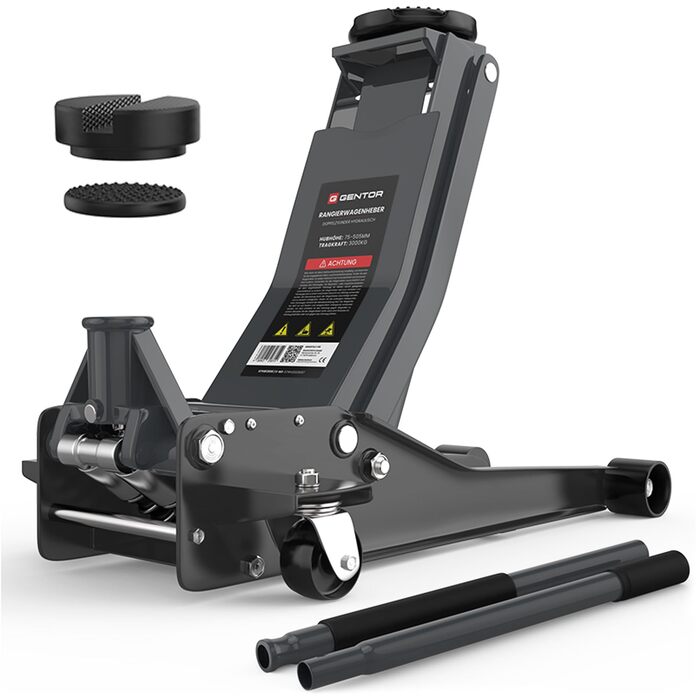 Гідравлічний домкрат 3T низькопрофільний 75-505мм з гумовими накладками для легкових авто та SUV – професійний, посилений, з роликами 360° (антрацит)