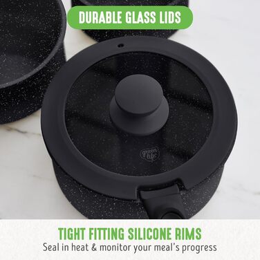 Набір посуду GreenLife 10 предметів з антипригарним покриттям, знімні ручки, складаний посуд, антитоксичні, без PFAS сковороди, індукційні каструлі та сковороди, економія місця, сервіровочні миски (Чорний Спренкле)