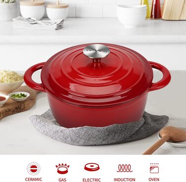 Чавунна голландська духовка COOKWIN 3,8 л, міцна каструля з кришкою, порцелянова емаль, червона