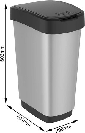 Відро для сміття Rotho Twist 50l з кришкою, пластик (поліпропілен) без бісфенолу А, чорний/сріблястий, 50L (40,1 x 29,8 x 60,2 см) (сріблястий)