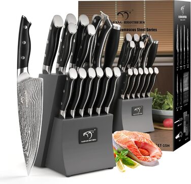 Набір кухонних ножів Дамаск з дерев'яним блоком, професійний кухонний набір ножів VG10, 67 шарів, преміум якість (сірий)