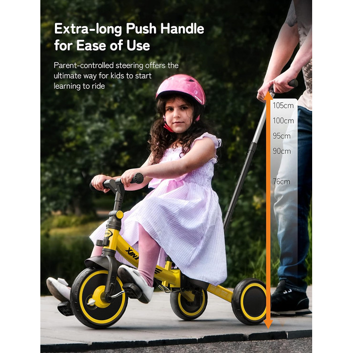 Бесрей 5-в-1 Дитячий Біговел, Триколісний Велосипед для Малюків 1-4 Років (Жовтий з Ручкою)