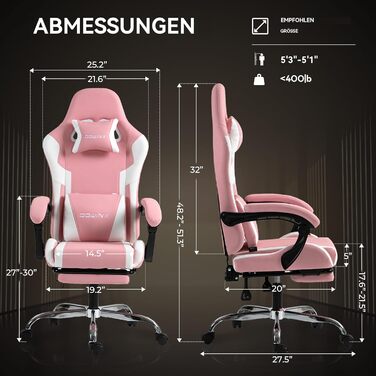 Ігровий крісло Dowinx з підніжкою та масажем попереку. Ергономічне, комфортне, з підголівником. Підходить для офісу, дому, стрімінгу та тривалих ігрових сесій. Білий (рожевий)