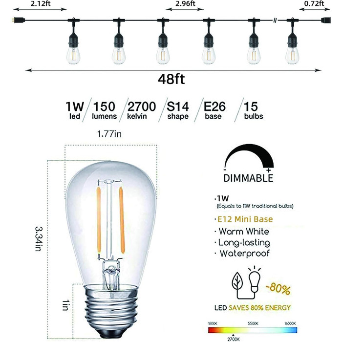 Світлодіодна гірлянда для зовнішнього використання Svater, 30 метрів, E27, IP65, 2700K, тепле біле світло, для саду, тераси, вечірок
