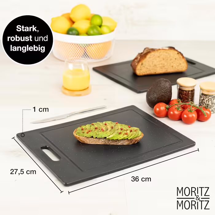 Набір обробних дощок Moritz & Moritz 2 шт. 36x27,5 см, пластик, без BPA, гранітний дизайн, з антиковзними ніжками та отвором для захвату, з канавкою для соку, чорні, великі для кухні