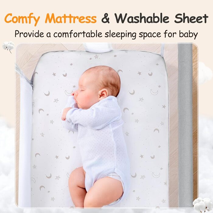 Зустрічне ліжко для немовлят, колиска-ліжко для новонароджених, портативне дитяче ліжко на колесах з кошиком для зберігання, регульована по висоті (7 рівнів), світло-сірий колір