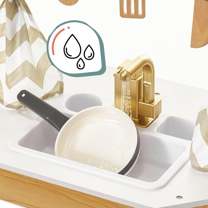 Дерев'яна кухня Мамабрум XXXL з LED-підсвічуванням та диспенсером для кубиків льоду - дитяча кухня з аксесуарами (мікрохвильова піч, посуд, столові прибори) для дітей 3+