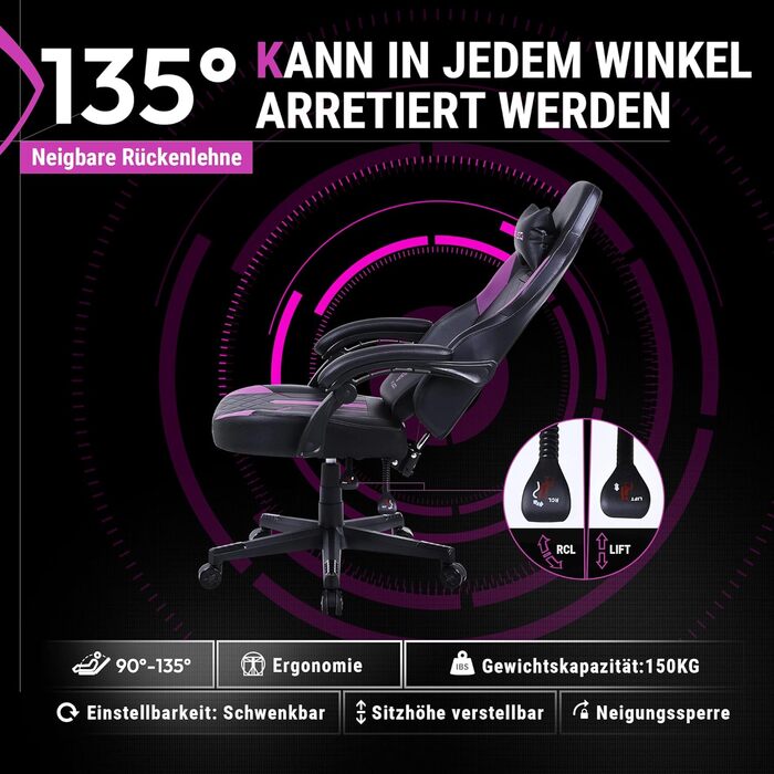 Ігровий крісло Dowinx Racing з підголівником та підтримкою попереку, ергономічний геймерський слінг з PU шкіри, чорно-фіолетовий, 150 кг