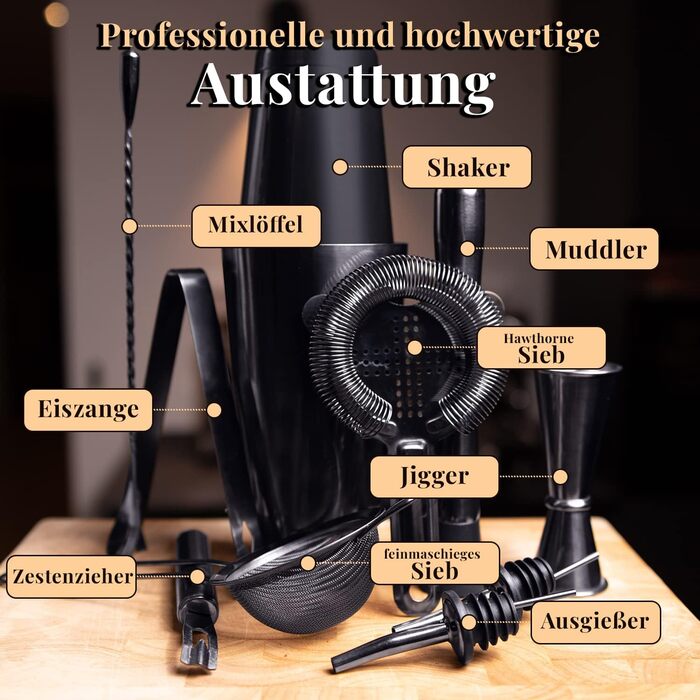 Набір для коктейлів 12 предметів: шейкер, барний аксесуар, нержавіюча сталь, 750 мл
