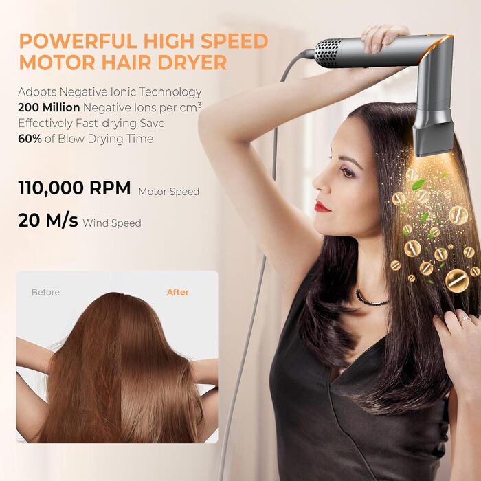 Фен Airstyler 8 в 1 Ion 110 000 об/хв Високошвидкісний фен Набір з щіткою для теплого повітря Пневматична плойка Фен Щітка Кругла щітка Фен Щітка для завивки Щітка для завивки Щітки для укладання волосся Подарунковий набір для жінок, 1400 Вт Сіре золото