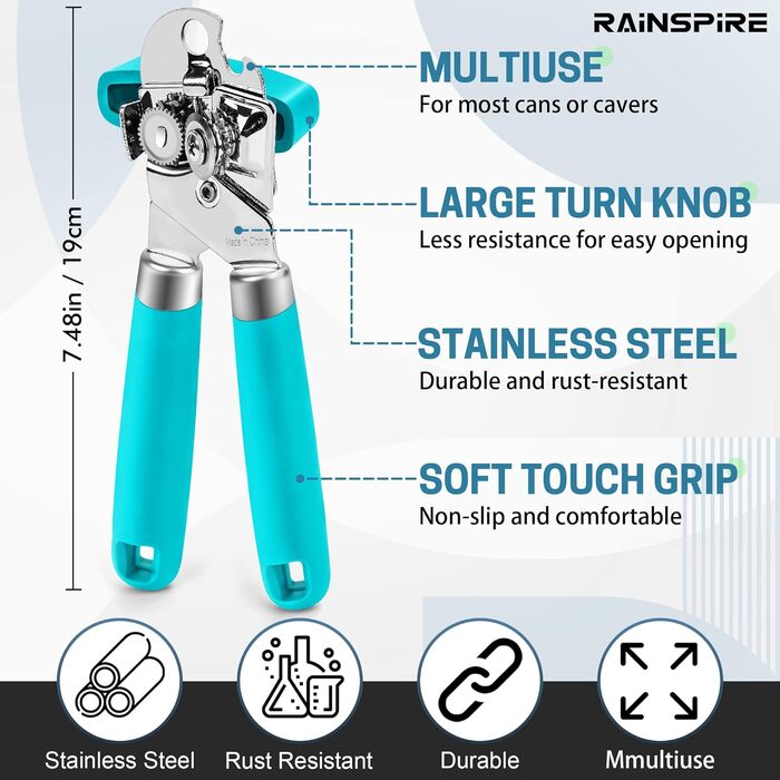Відкривачка для консерв Rainspire, ручна, міцна, з плавним зрізом, з інтегрованим відкривачем пляшок, рожева (блакитна)
