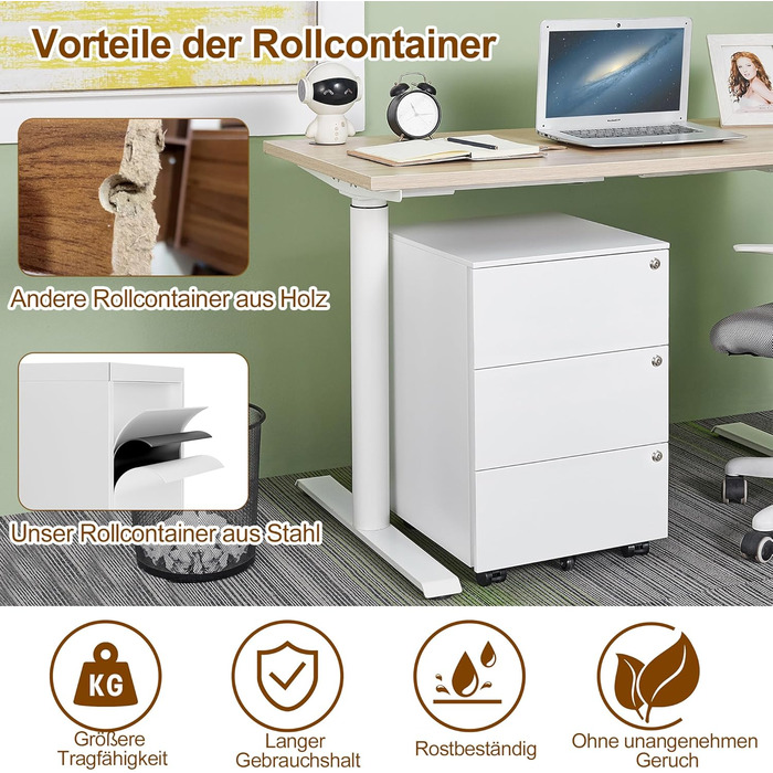 Роликовий контейнер HOMSTEEL з 3 замками, 3 висувні шухляди, для офісу та дому, білий (44T x 37B x 60H см)