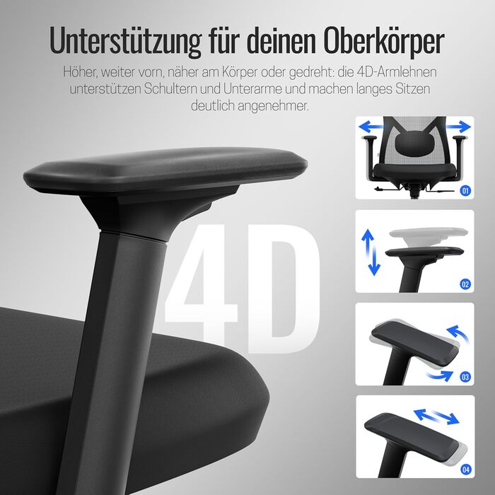 Yaasa Chair Plus: Ергономічне офісне крісло з підголівником, 2D-підтримкою попереку та 4D-підлокітниками. Переможець тесту! Чорний, до 150 кг.