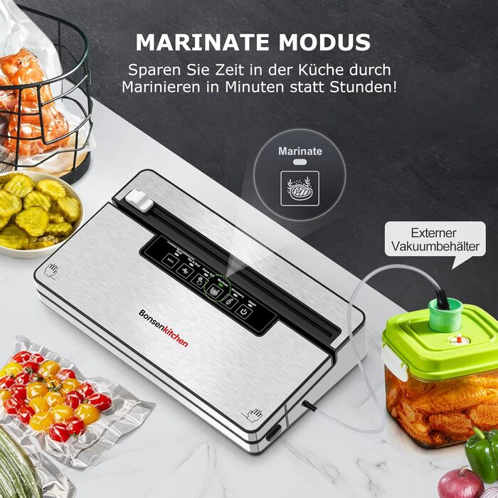 Вакууматор Bonsenkitchen для продуктів, потужний вакуумний пакувальник з 5 режимами, 8 л/хв, сріблястий (комплект: 5 пакетів та 1 рулон)