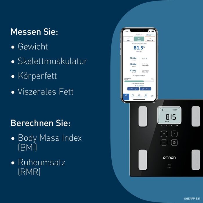 Розумні ваги для аналізу тіла OMRON VIVA, Stiftung Warentest 'Gut 10/24, Bluetooth & App, вимірюють жир, вагу, м'язову масу, ІМТ.