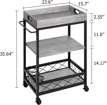 Сервізний візок HAUSPROFI з 3 рівнями, на колесах, для кухні та бару, сірий, з полицями для вина, сталевий каркас, індустріальний дизайн
