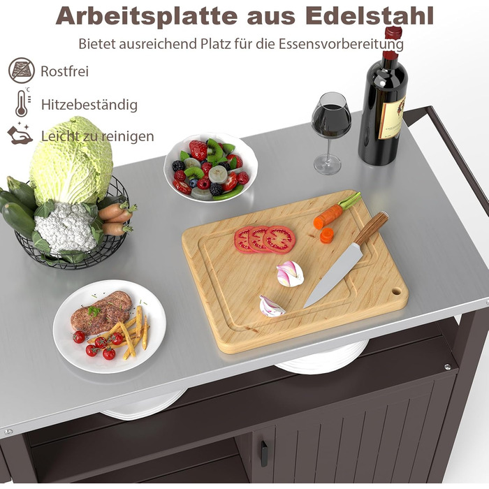 Grillwagen COSTWAY: Металевий гриль-візок з 3 полицями, нішею для спецій та ручкою. Ідеально для BBQ, саду, тераси. Розміри: 116 x 50 x 87 см