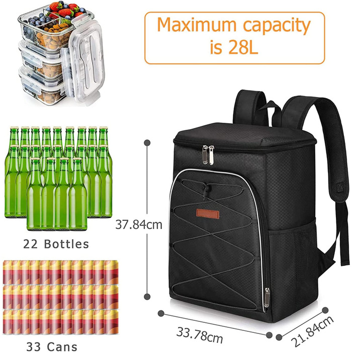 Сумка-холодильник, сумка-холодильник для пікніка, Термальна сумка, сумка для ланчу, ізольований холодильник, транспортування продуктів для офісу, роботи, кемпінгу, подорожей, сумка для морозива, складна складна (33.8 * 21.8 * 37.8 см, чорний)