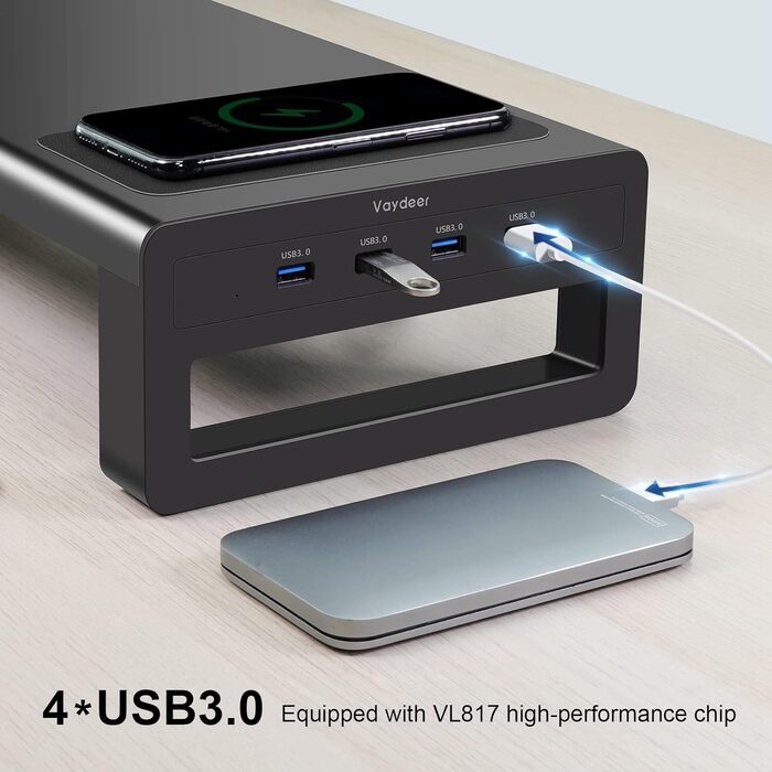 Підставка для монітора VAYDEER USB 3.0 з бездротовою зарядкою та передачею даних - чорна, до 32 дюймів