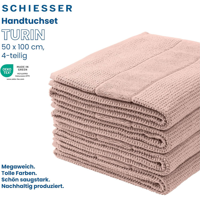 Рушники Schiesser Turin в наборі з 4 шт. , виготовлені з 100 бавовни, екологічно чистого та чесного виробництва, колір розмір (50 см х 100 см, пудрово-рожевий)