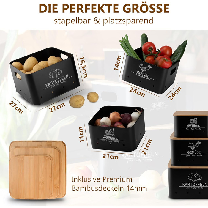 Коробки для зберігання картоплі та овочів MNKsolution (3 шт.) - Чорні контейнери для картоплі, овочів, цибулі та часнику - Органайзер для кухні