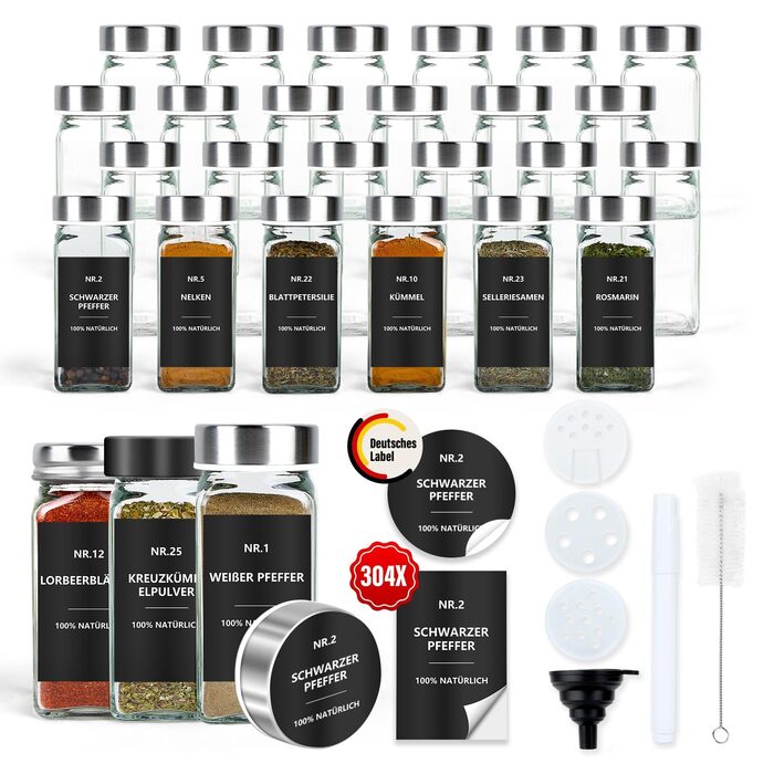 Набір скляних банок для спецій 24 шт. з етикетками: скляні дозатори для спецій 120 мл з ситечком, водостійкі етикетки, органайзер для спецій у шухляду, чорний колір (скло)
