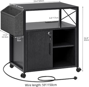 Підставка для принтера YITAHOME з розетками, роликова, з полицею та кишенями, з замком, для дому/офісу, чорна