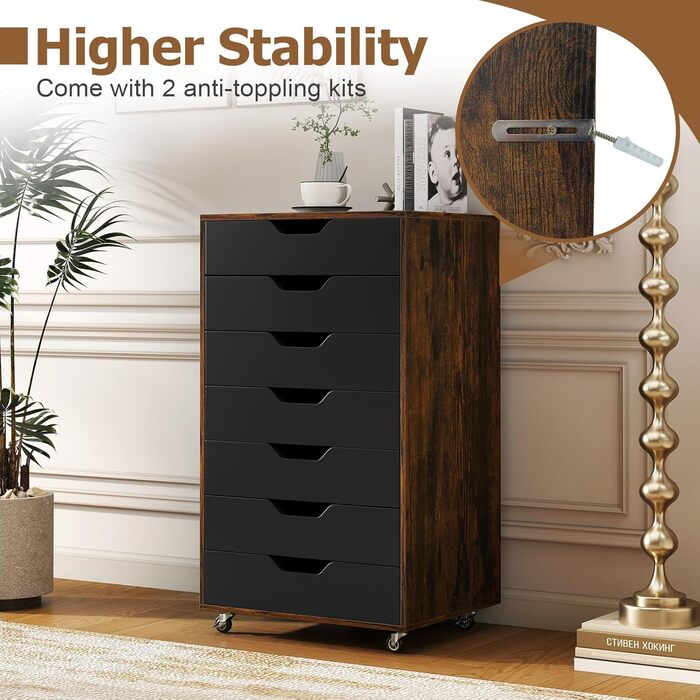 Роликовий контейнер GIANTEX з 5 висувними ящиками, комод на колесах під стіл, офісний шафчик для дому та офісу (білий, чорний + коричневий), 49 x 40 x 87 см
