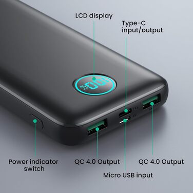 Швидкий зарядний пристрій 22,5 Вт, PD3.0 QC4.0 USB-C, LCD дисплей, 3 виходи, A-Black, 10800mAh