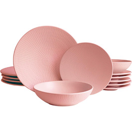 Вінтажний обідній сервіз із 12 предметів, Blanka Nature-Design, для 4 осіб, стильний набір посуду з фаянсовою структурою з 4 обідніми тарілками, 4 бічними тарілками, 4 тарілками для супу, рожевий