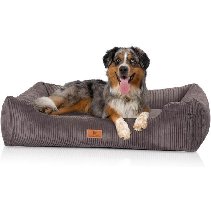 Лежак для собак Knuffelwuff з вельвету з витканим вручну персонажем Olivia M-L - знімний чохол - можна прати - для великих, середніх і малих собак (85 х 63 см, коричнево-сірий)