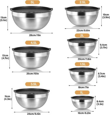 Набір мисок Cinnani з нержавіючої сталі, 8 шт. з кришками: для салатів, приготування їжі, зберігання.