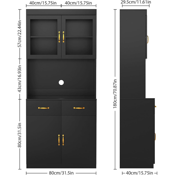 Кухонна шафа VOWNER з робочою поверхнею, буфет на кухню з 4 шафами, вітрина, буфет з регульованими полицями, 80 x 40 x 180 см, для кухні, вітальні, офісу, їдальні (білий) (чорний)