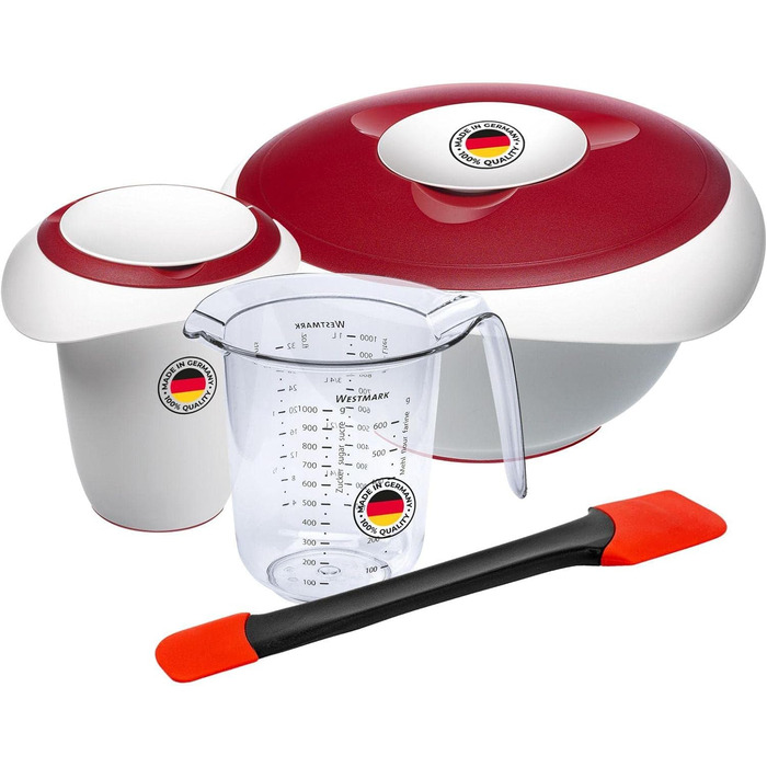 Набір для приготування та випічки Westmark Duo 4 предметів: каструля з кришкою 1 л, миска для замішування 3,5 л з кришкою, мірна склянка 1 л, лопатка для тіста, пластик/силікон, прозорий/білий/червоний/чорний
