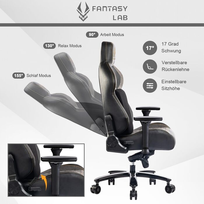 Ігрове крісло Fantasylab 200 кг, 4D підлокітники, поперекова підтримка, ергономічний, чорний/сірий