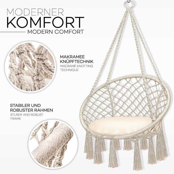 Крісло-гойдалка Tillvex для дому та саду | Міцний плетений гамак на 200 кг | З подушкою, бежевий | Для відпочинку на свіжому повітрі