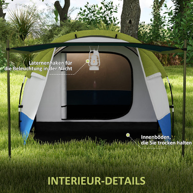 Outsunny Camping Tent, Тунельний намет для 3 осіб, з легким гачком, тент, 2 кімнати, вітрозахисний сімейний намет із сумкою для перенесення, 2000 мм водовідштовхувальний висувний намет для кемпінгу, саду, зелені