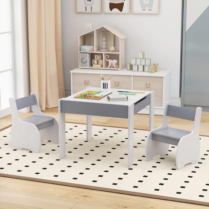 Детский стол со стульями COSTWAY 3 в 1, деревянная мебель для детей 3+, светло-серый, со съемной столешницей и местом для хранения