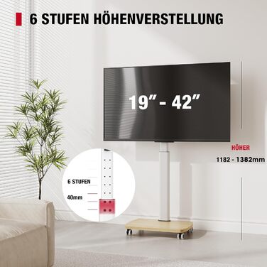 Підставка для телевізора мобільна з дерев'яною основою, поворотна, 19-42 дюйми, біла, до 20 кг, VESA 200x200 мм