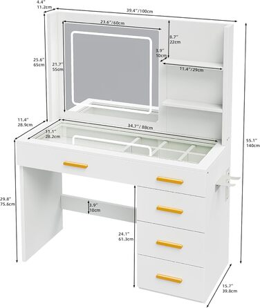 Туалетний столик YITAHOME з підсвіткою та дзеркалом, 4 шухляди, відкриті полиці, чорний (білий)