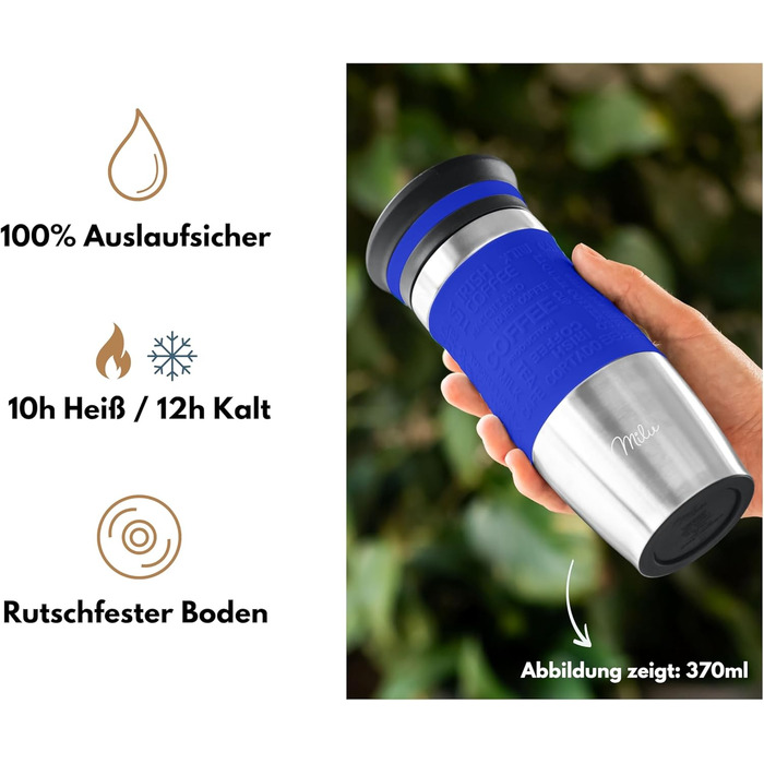 Термокружка Milu 450мл/370мл з нержавіючої сталі, 100% захист від протікання, для кави, подорожей, авто