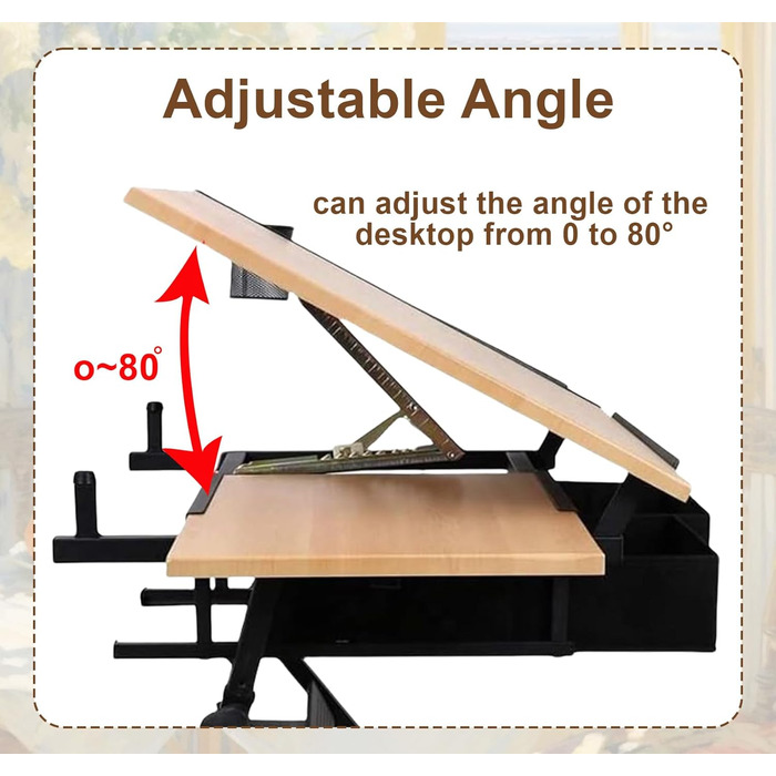 Регульований стіл для малювання, мольберт для художників, стіл для малювання з нахиленою поверхнею 0-80°, стіл для творчості з ящиками для дітей та дорослих