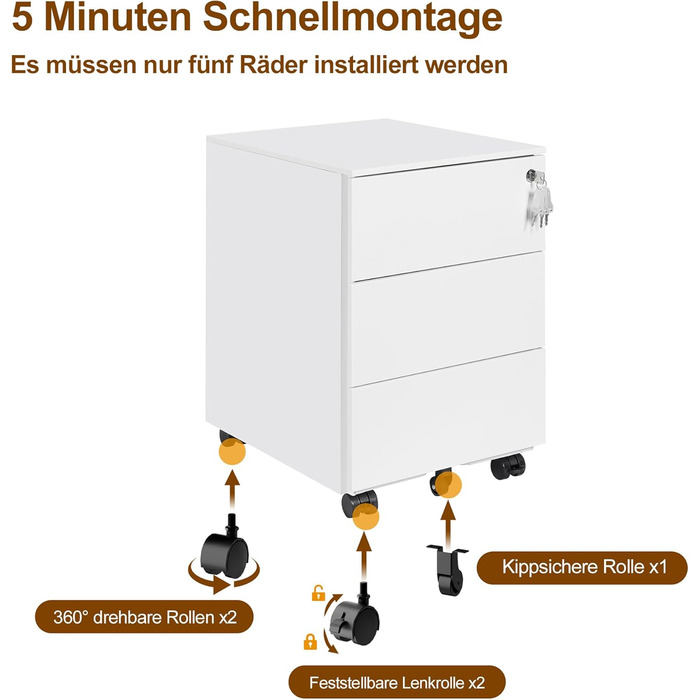 Роликовий контейнер HOMSTEEL з замком, 4 ключі, 4 висувні ящики, металевий шафка, збірно-розбірний, для офісу та дому, білий