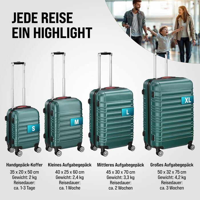 Набір валіз Monzana® 4 шт. з замком, органайзером, вагами та ременем. Валіза-тележка з жорсткою оболонкою S-M-L-XL (зелена)