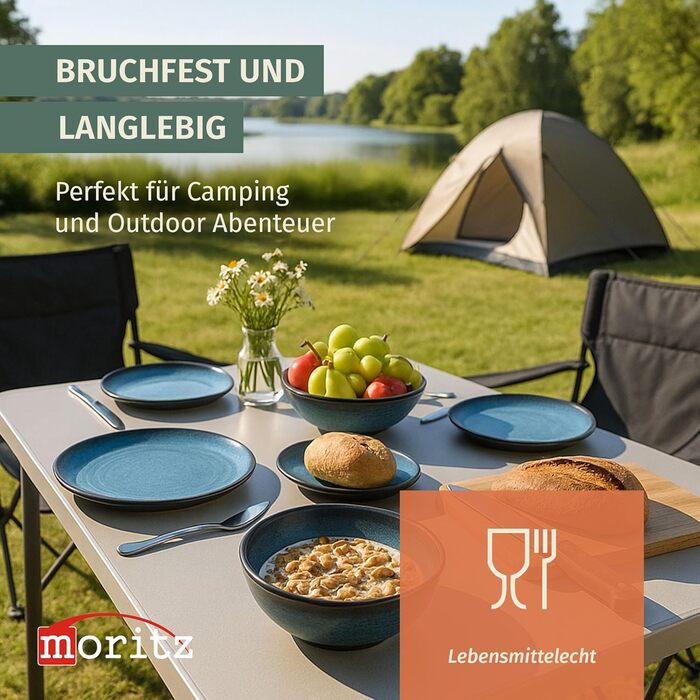 Набір посуду для кемпінгу з меламіну на 4 особи (12 предметів) | Stone Blue | Миється в посудомийній машині | Набір для пікніка