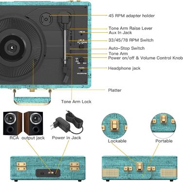 Вініловий програвач Trynnay 3-швидкісний Bluetooth, портативний ретро програвач у валізі з вбудованими динаміками, покриття зі штучної шкіри, синій