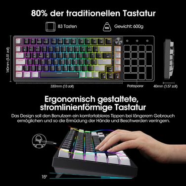 Механічна клавіатура KOORUI для геймінгу: бездротова/провідна/Bluetooth, 82 клавіші, QWERTZ (німецька розкладка), 4000mAh, RGB, Red Switch (червоний)