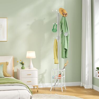 Настінна вішалка для одягу FAVOOSTY з підставкою для парасольки, 12 гачків, стійка для пальто, вішалка для одягу в вітальню, спальню, срібна (білий)